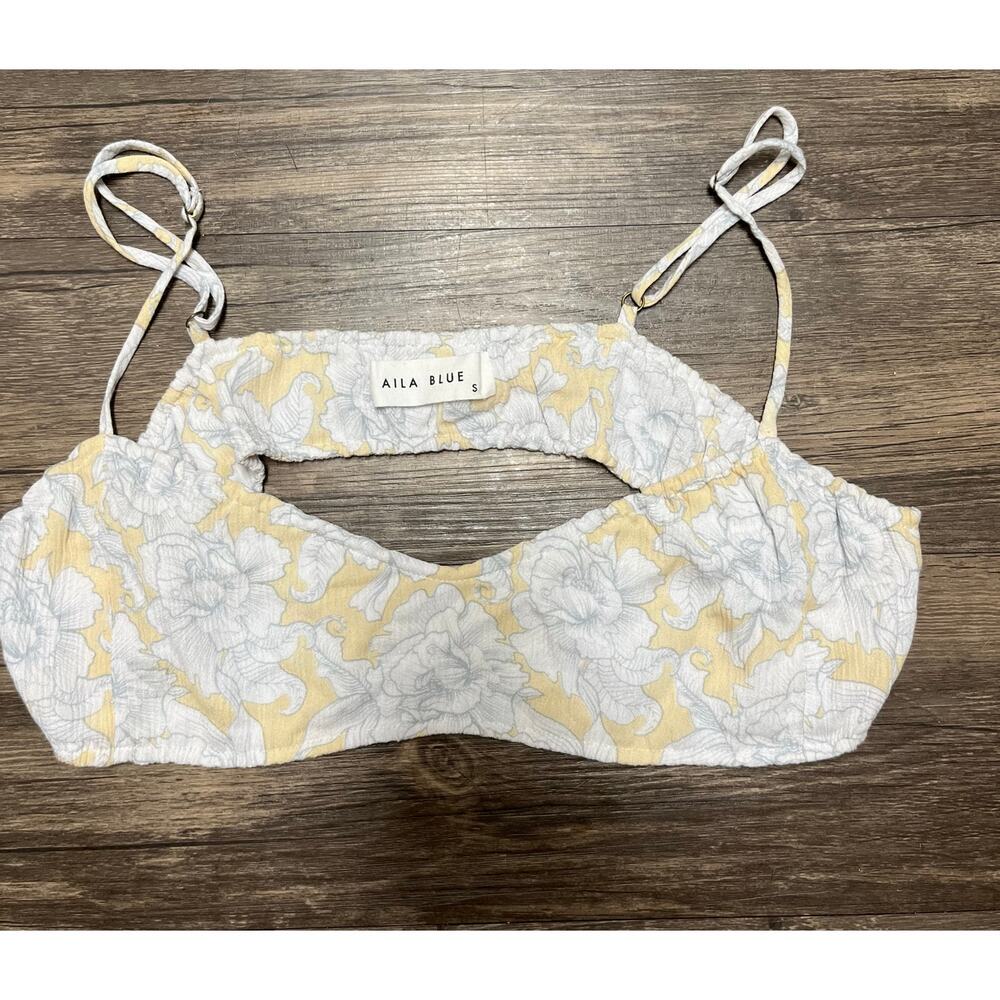 Aila Blue x Free People Floral Bikini Crop Top Blue Yellow Bralette Sz S Coastal